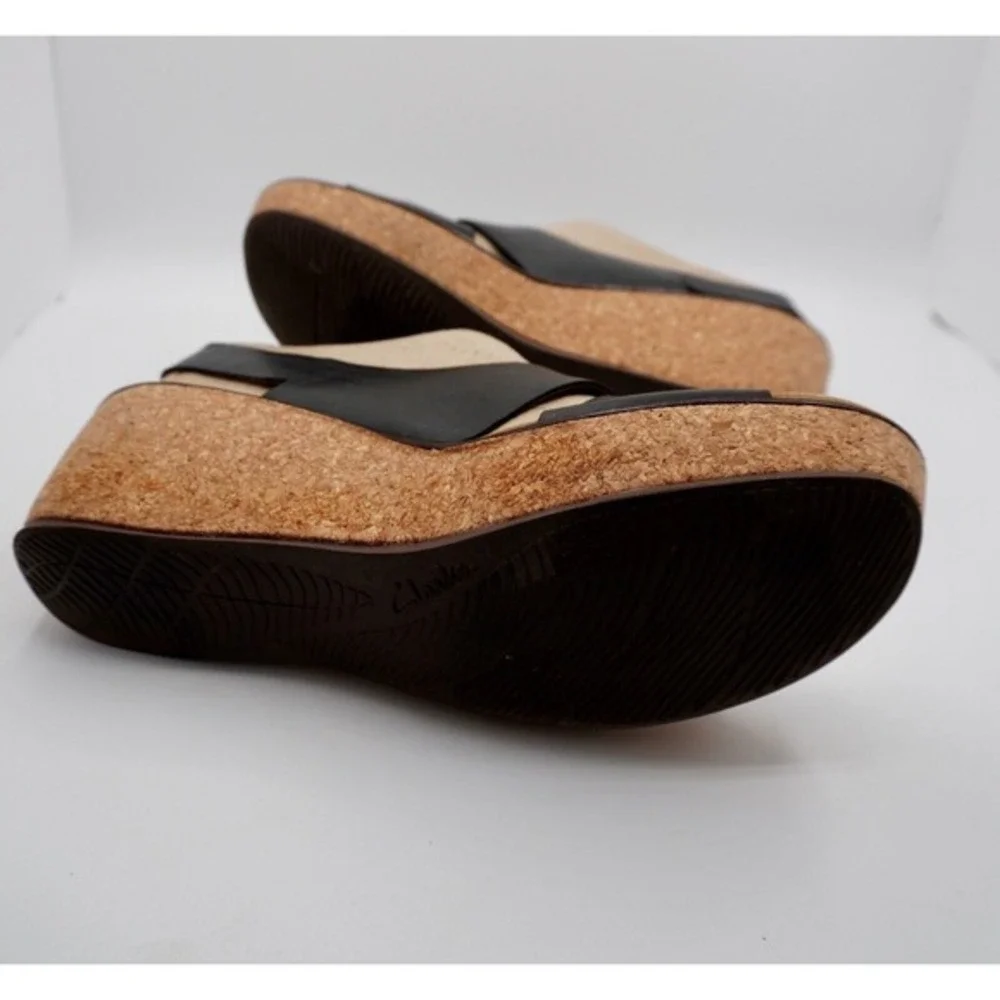Clarks Rosemund Dune Black Leather Cork Wedge Sandals 11 M Resortwear 35-01-01